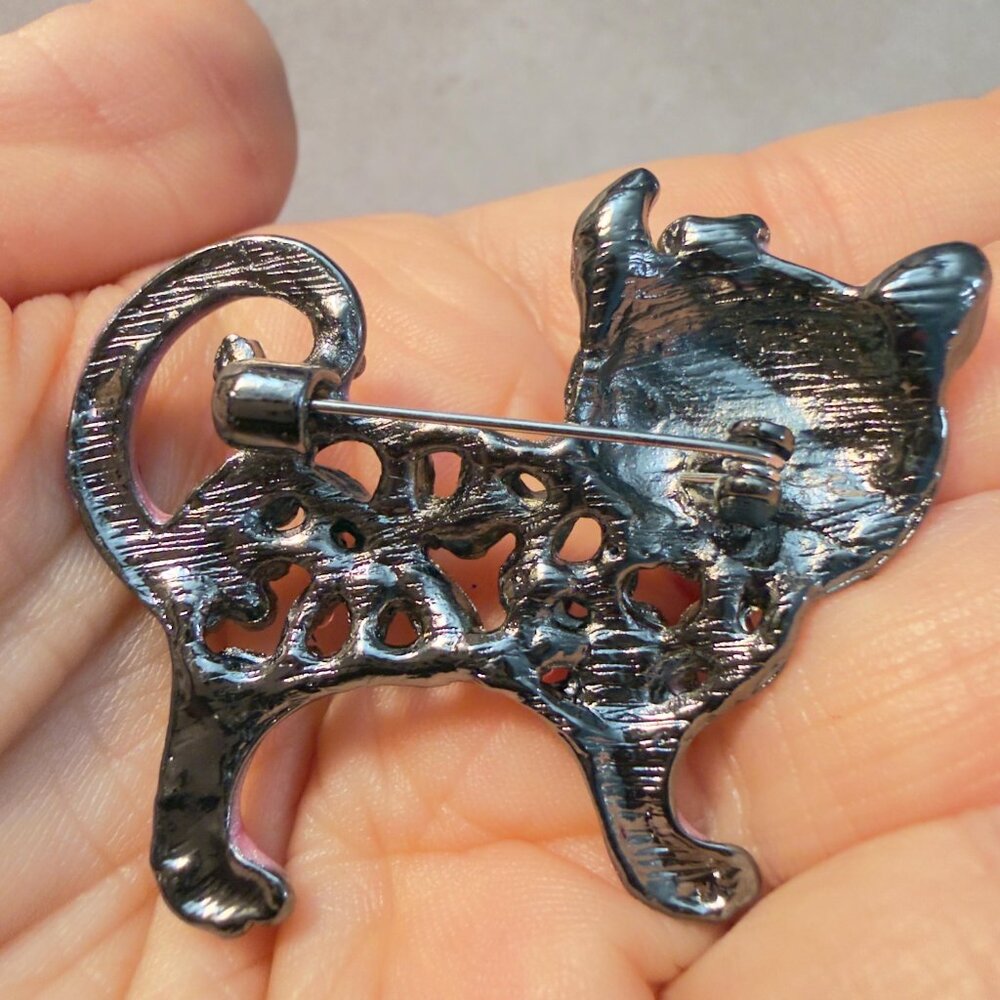 Cat Brooch Pink Enamel Glitter Openwork Statement Pin – 2.75” Tall - Picture 7 of 9